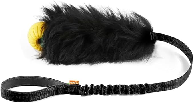 HOWGO Dog Rope Toy,Dog Bungee Chaser Toy 100% Sheepskin,Sheep Smell Tug Interactive Rope for All Breeds (Black, with Rubber Ball)