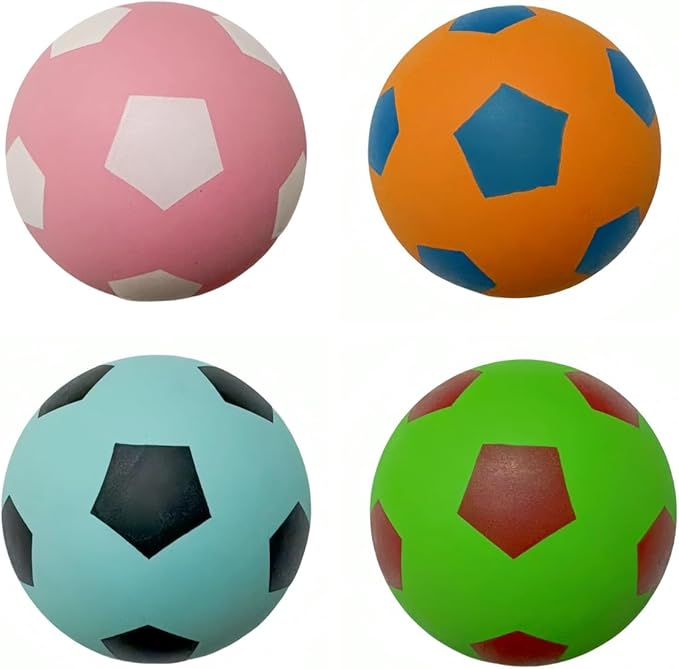 4 Pack Squeaky Balls for Dogs, 2.4 Inch Eco-Friendly Rubber Dog Squeaky Toy, Colorful Football Pattern Squeaky Toys for Dogs (Orange, Green, Pink, Light Blue)