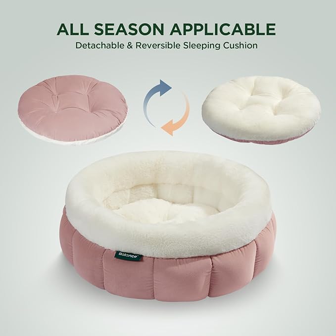 BALANCE Cat Beds for Indoor Cats, Washable Round Cat Bed, Cute Kitten Bed with Anti-Slip Bottom for Kitty and Puppy, 18 Inches, Mellow Rose
