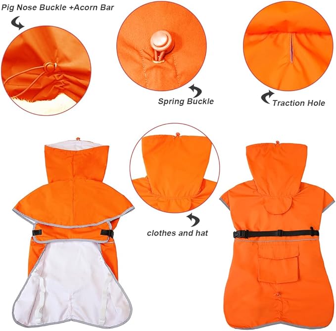 Reflective Dog Raincoat Waterproof Adjustable Dog Hooded Poncho Raincoat for Medium Large Dogs, Lightweight Pet Rain Jacket (Orange, XL)