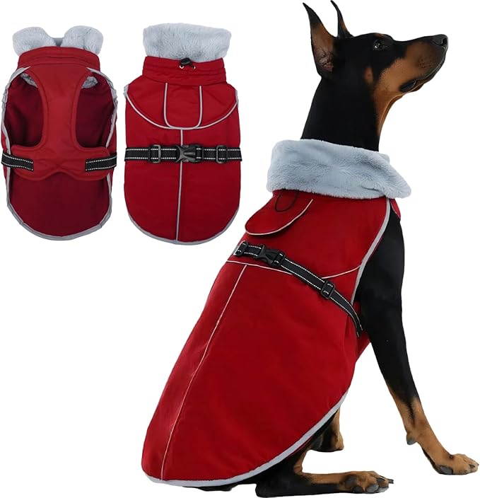 Insulated Outdoor Dog Winter Jacket, Hard Shell Dog Coat with 2 Layer Warmth, Waterproof & Lightweight Coats for Medium Dogs with Leash Portal, Neck Belly Adjustable Pet Jackets for Dachshund(Wine, M)
