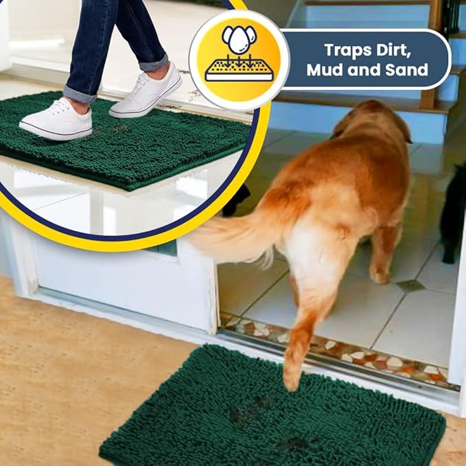 Muddy Mat® AS-SEEN-ON-TV Highly Absorbent Microfiber Dog Door Mat and Pet Rug, Non Slip Thick Washable Area and Bath Mat Soft Chenille for Kitchen Bathroom Bedroom and Indoor - Dark Green XL 59"X35"
