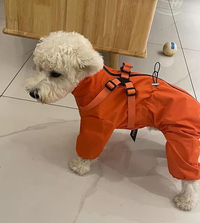 Mile High Life Waterproof Dog Raincoat, Full Coverage Small Dog Rain Coat with Harness, Adjustable 4 Legs Puppy Rain Jacket with Reflective Strip and Elastic Cuffs (Orange, M Back Length 14.6")