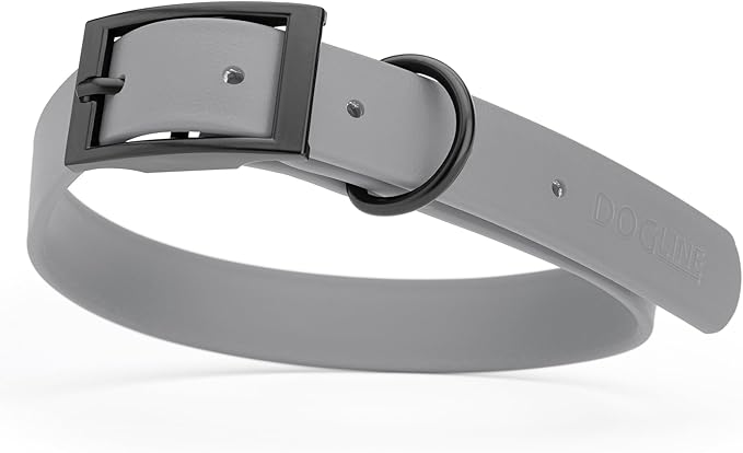 Dogline Biothane Waterproof Dog Collar Strong Coated Nylon Webbing with Black Hardware Odor- Proof for Easy Care Easy to Clean High Performance Fits Small Medium or Large Dogs, Battleship Gray