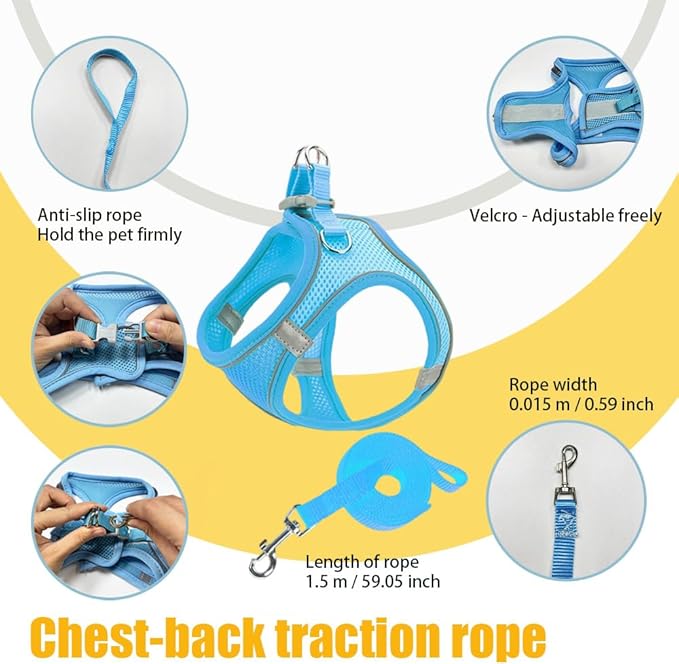 Dog Harness Small Sized and Leash Set, Dog Harness with Leash Set, Comfortable Air Mesh Dog Vest Harness with Reflective Strip, Reflective for Safe Easy Walking Dogs, Cats, Blue S