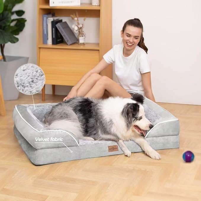 Comfort Expression Orthopedic Dog Bed for Extra Large Dogs 53x42 Inch, Waterproof Egg Crate Foam XXL Pet Bed with Removable Bolsters, Dog Couch with Washable Cover & Non-Slip Bottom, Grey White