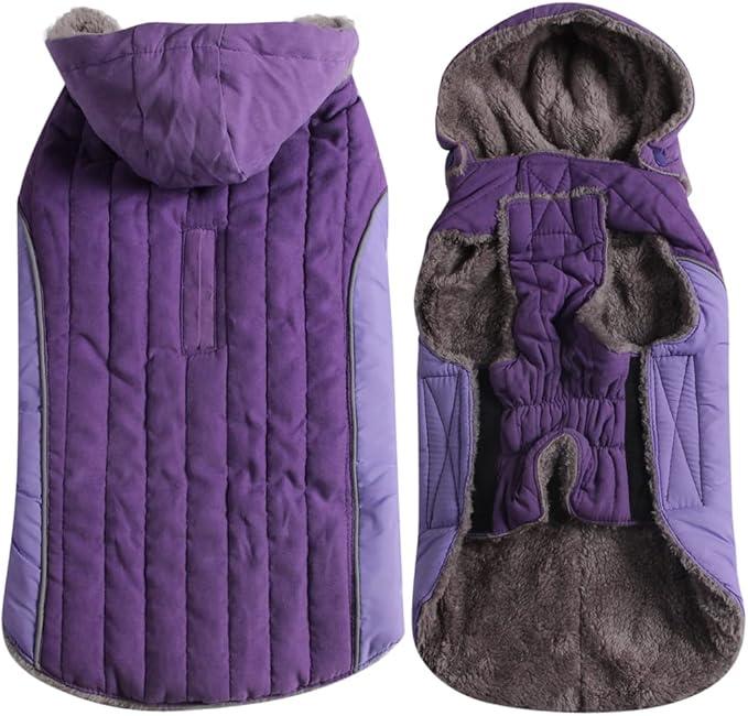Fleece Dog Hoodie for Large Dogs Super Warm Doggie Jacket for Cold Winter Dog Coats,Purple XL