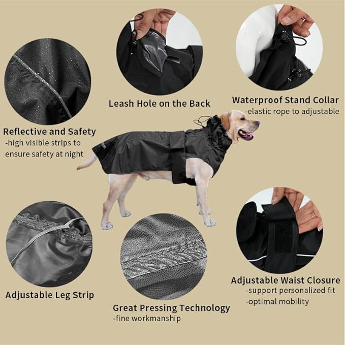 Adjustable Waterproof Dog Raincoat for Dogs,Lightweight Pet Rain Jacket Puppy Clothes with Reflective Strip for Small Medium Large Dogs (Black, X-Large)