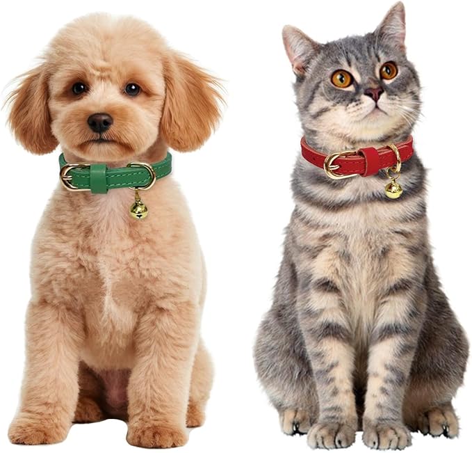 Guiding Star Leather Collar for Puppy, Cute Soft Thin Dogs Collars for Small Medium Dogs, Cat Collar with Bell (Blue, XS, 9"-12")