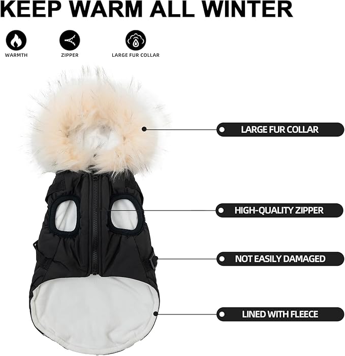 PINA Dog Winter Coat Winter Jacket with Waterproof Fabric, Faux Fur Hood, Reflective Strap for Small Medium Large Dogs, Black, 3XL