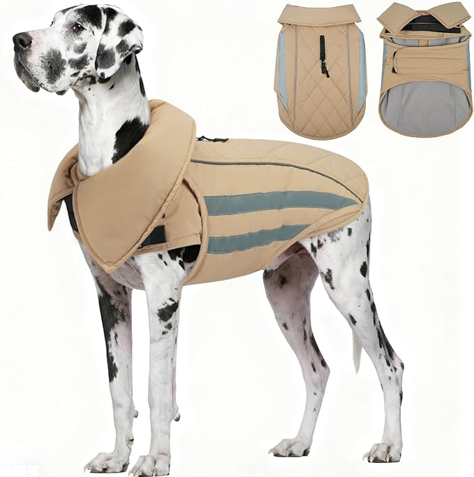 IECOii 5XL Warm Dog Jacket - Waterproof & Windproof, Reflective & Adjustable Coats for Dogs, Cozy Jackets with Fleece Lined for Indoor Outdoor, Khaki, Sizes XXXXXL