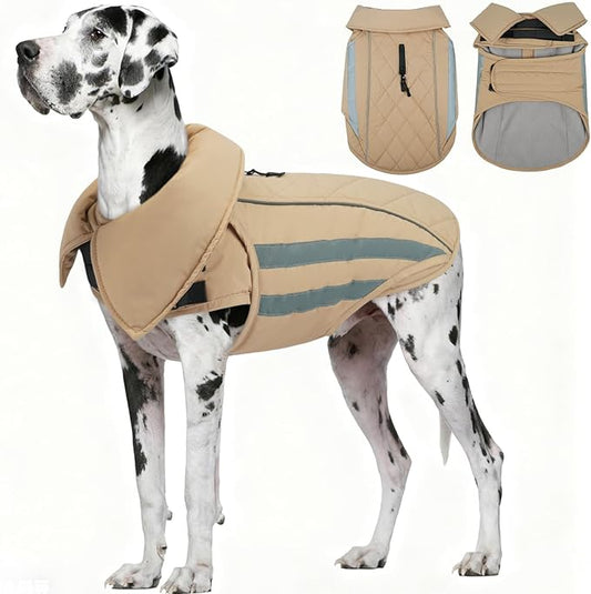 IECOii 5XL Warm Dog Jacket - Waterproof & Windproof, Reflective & Adjustable Coats for Dogs, Cozy Jackets with Fleece Lined for Indoor Outdoor, Khaki, Sizes XXXXXL