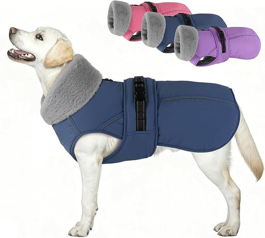 PETDSH Dog Coat Large, Windproof Dog Jacket with Warm Fleece Lining, Thickened Collar Dogs Winter Coat, Adjustable Reflective Pet Coats for Cold Weather (Navy Blue, XXX-Large)