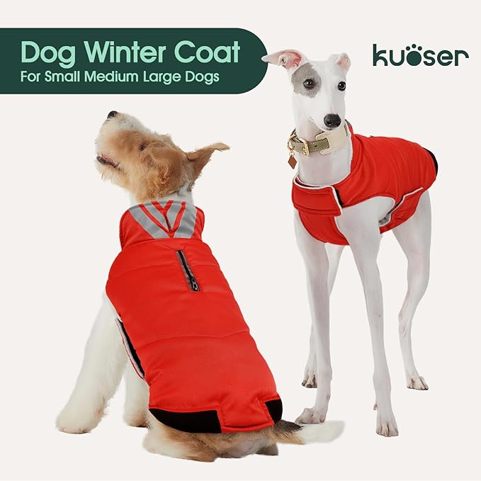 Kuoser Dog Coat Small, Cold Weather Reflective Waterproof Dogs Jacket with Warm Fleece Lining, Turtleneck Dog Winter Coat with Zipper, Doggy Snow Jacket Pet Coats for Small Medium Large Dogs, Red S