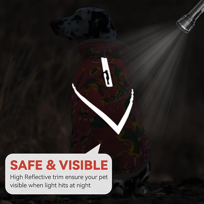 VIVAGLORY Snowrap Dog Coat, Jacket with Harness Hole & Velcro Closure, Dog Coat for Winter & Cold Weather, Fluffy Warm Fleece Lined Reflective Water Resistant for Puppy, XL, Northeast Florals-Red