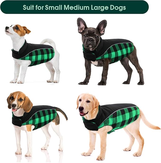 Kuoser Dog Winter Coat, Reversible Waterproof Dog Jacket with Reflective Strip, Warm Dogs Fleece Vest Adjustable Doggy Cold Weather Clothes Plaid Christmas Outfit Pet Apparel for Large Dogs, Green XL