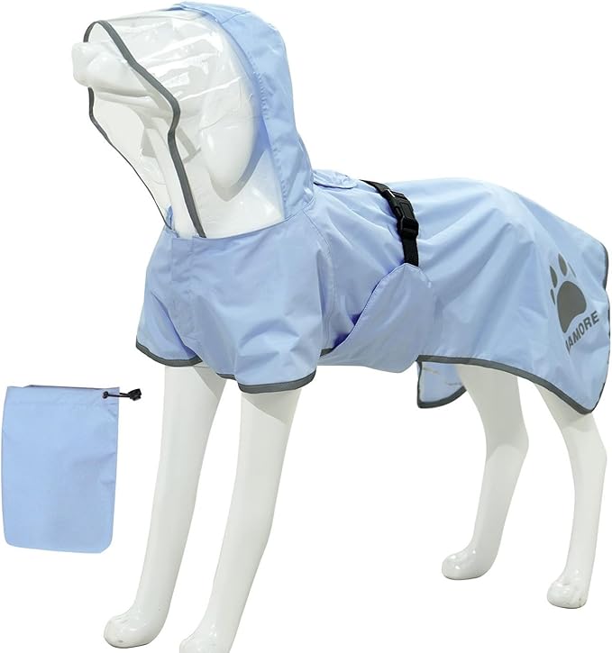 MAMORE Dog Raincoat Waterproof, Lightweight Adjustable Dog Rain Coat Hooded Poncho with Reflective Strip for Large Medium Small Dogs(Light Blue, X-Large)