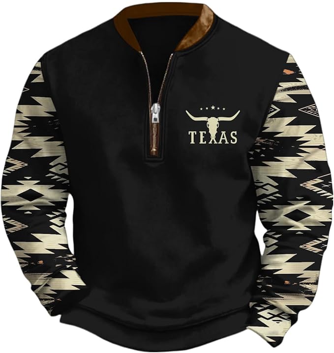 HOTYD Aztec Cowboy Jacket Men Vintage Bullhorn Printed Oversized Western Sweatshirt Long Sleeve Quarter Zip Pullover