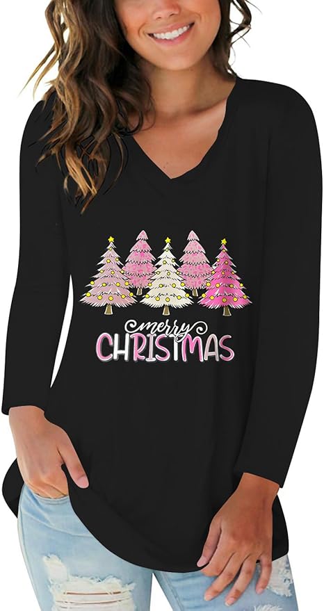 Tobrief Women's Long Sleeve V-Neck Shirts Fall Graphic Tees Loose Casual T-Shirt