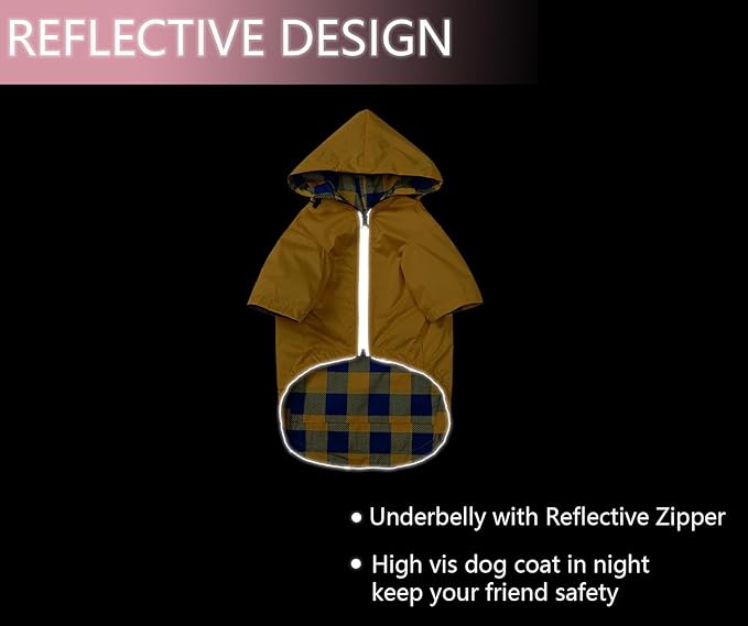 Dog Raincoat Dogs Waterproof Reversible rain Jacket Dog Small Medium Breeds Reflective Zipper Storage Pocket Harness Hole - Yellow - XXL