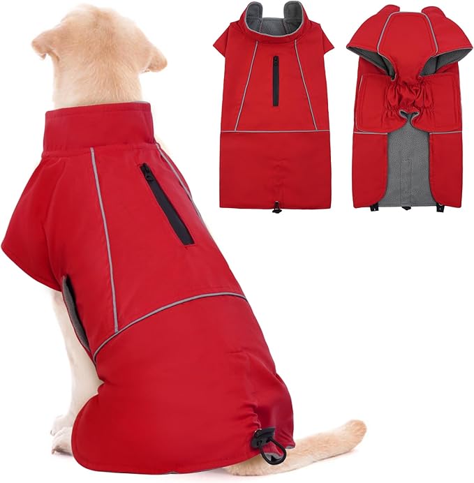 ROZKITCH Dog Jackets for Large Dogs, Coat with Harness Opening with Fleece Lining Reflective Strip for Extra Large Pet, Waterproof Adjustable Poncho Vest for Outdoor Hiking Travel Red 3XL
