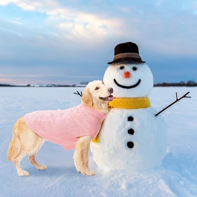 Mihachi Turtleneck Dog Sweater - Winter Coat Apparel Classic Cable Knit Clothes with Leash Hole for Cold Weather, Ideal Gift for Pet in New Year Flesh Pink Medium
