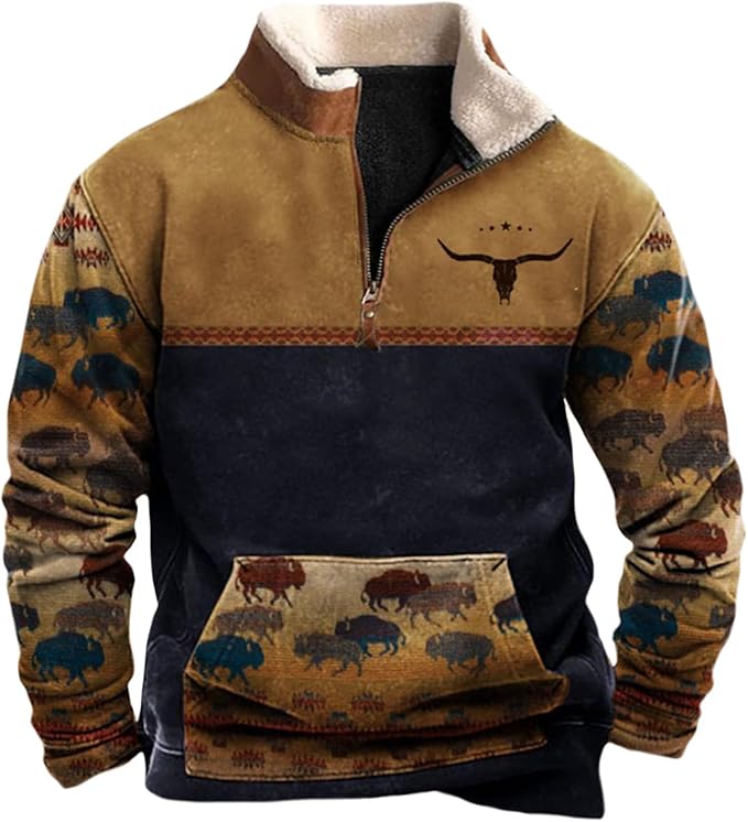 HOTYD Western Jackets for Men Cowboy Sweatshirts Vintage Ethnic Graphic Casual Long Sleeve Top 1/4 Zip Pullover Hoodies