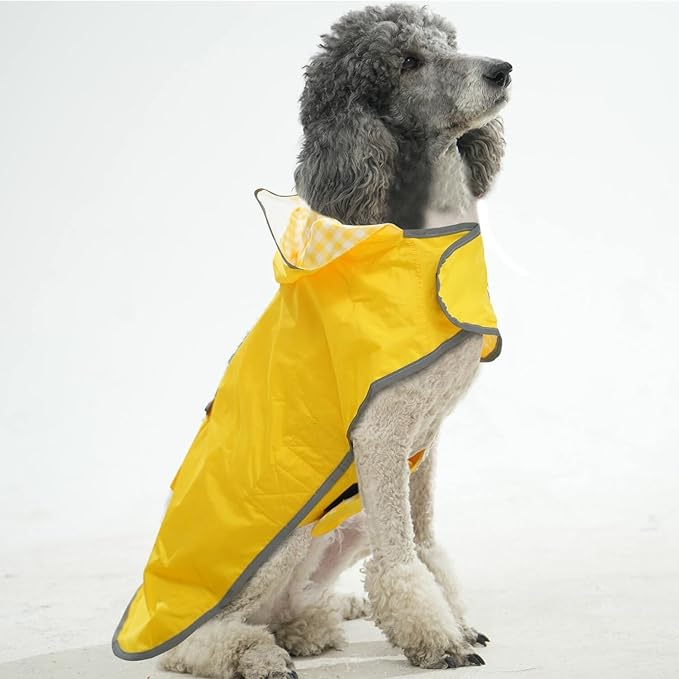 MAMORE Dog Raincoat Reversible,Waterproof Dog Rain Coat Hooded Slicker Poncho with Reflective Strip, Plaid Double Layer Rain Jacket for Small Medium Large Dogs (Yellow, X-Large)
