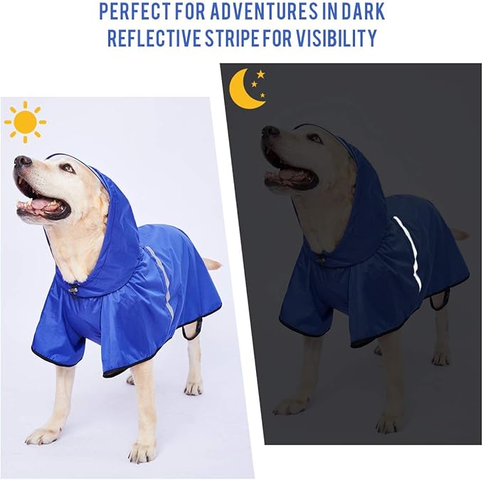 Dog Rain Jacket Raincoat with Adjustable Belly Strap and Leash Hole - Hoodie with Reflective Strip - Waterproof Slicker Lightweight Breathable for Medium Large Dogs - Easy to Wear, Blue 6XL