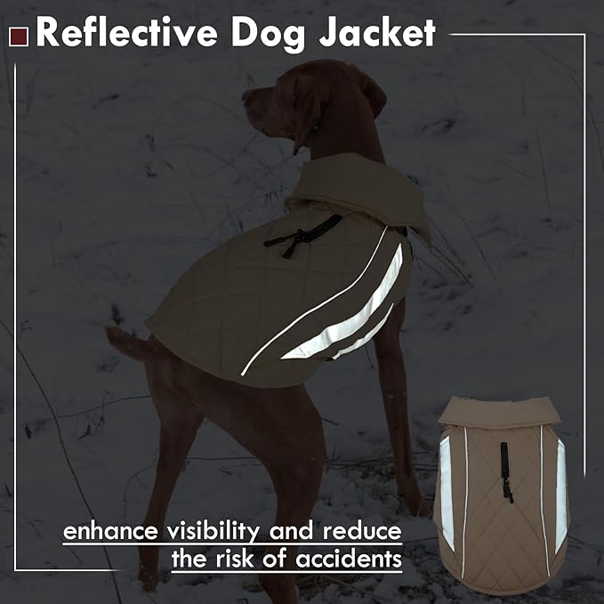 Dog Winter Coat Waterproof Dog Jacket with Harness Hole Reflective Windproof Fleece Snowsuit Turtleneck Hook & Loop Cold Weather Coats for Large Dogs Great Dane Doberman, Khaki 4XL