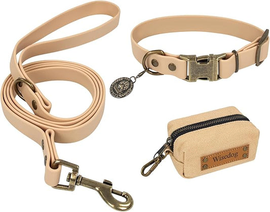 Wisedog Dog Collar and Leash Set, Waterproof Adjustable Puppy Collars with Cute Tag 6FT Dog Leash with Poop Bag for Small Medium Large Dogs (S, Sand Color)