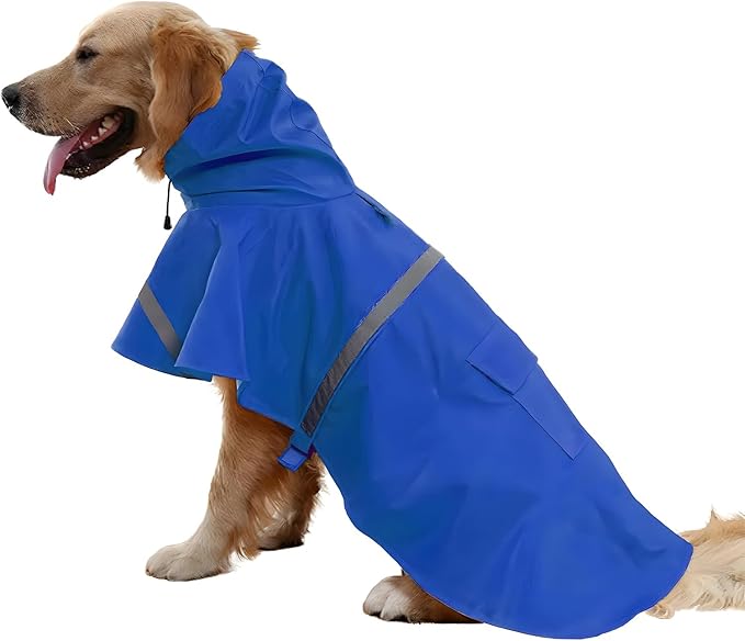 NACOCO Large Dog Raincoat Adjustable Pet Water Proof Clothes Lightweight Rain Jacket Poncho Hoodies with Strip Reflective (XL, Blue)