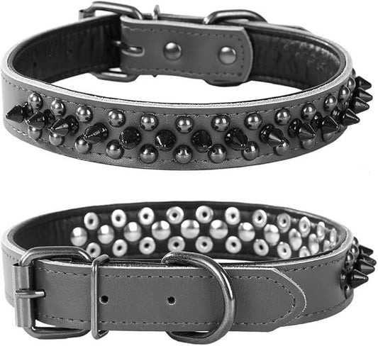 Adjustable Genuine Leather Spiked Studded Dog Collars for Small Medium Large Pets Like Pit Bull Bulldog Pugs Husky (L, Black1)