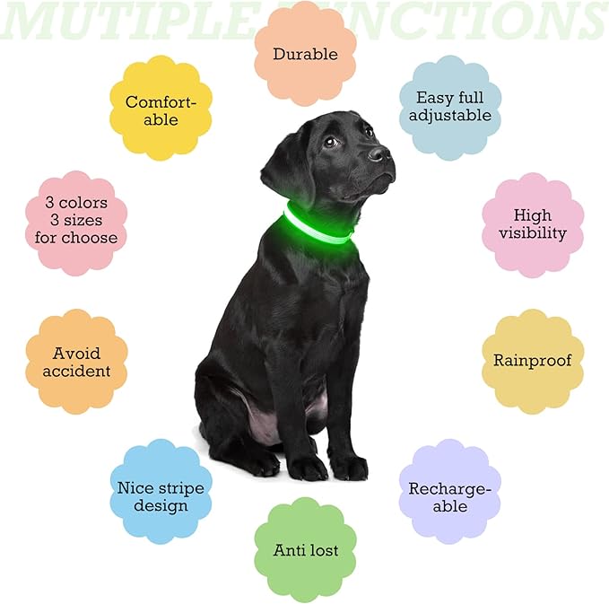YFbrite Full Adjustbale LED Dog Collar, Full Illuminated Light up Dog Collars, Reflective Dog Collar Light Glowing in The Dark for All Dogs Safety (Large, Green-2)