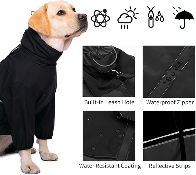 Dog Raincoat,Waterproof Windproof Rain Jacket,All-Weather Jacket,for Small Medium Large Extra Large Dogs (Black, Large)