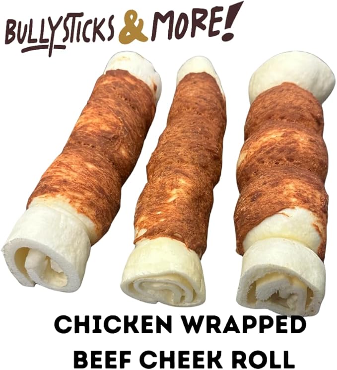 BULLYSTICKS & MORE 10-12" Beef Cheek Rolls for Dogs (Chicken Wrapped - 3 Count) - Beef Cheek Bones for Dogs - Dog Parents Choice - Premium No Hide Rolls