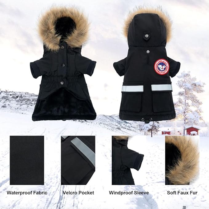 PINA Small Dog Coats - Waterproof, Warm Winter Jacket with Faux Fur Hood & Pocket