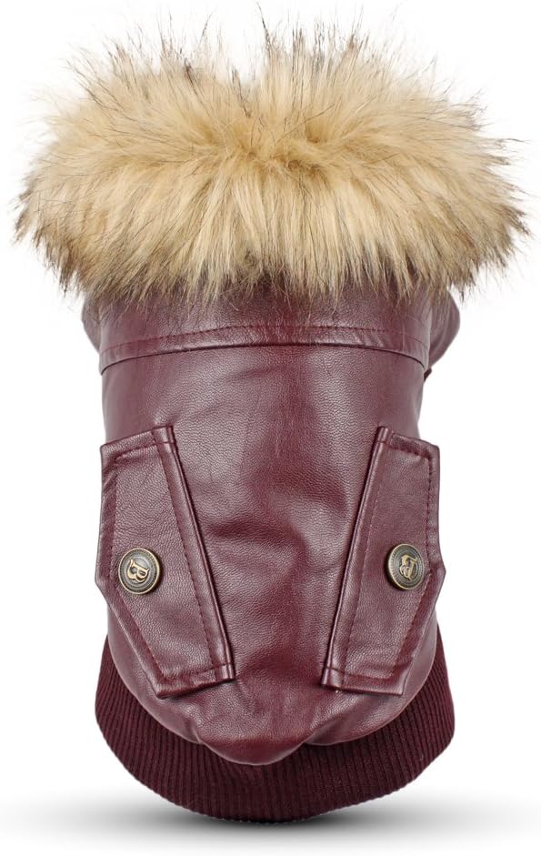 LESYPET Dog Leather Jacket for Small Dogs, Waterproof Dog Winter Jacket Puppy Coat with Fleece Lined, Ultra Warm Fur Collar Doggie Coat, Red M