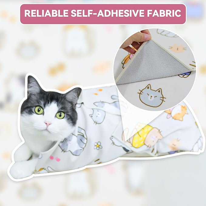 Cat Grooming Wrap for Cutting Nails, 31.5" Anti-Escape Calming Cat Swaddle Wrap for Medicine, Nail Clipping, Teeth Brushing, Ear Cleaning, Self-Adherent Burrito Restraint, (CatLand, XL)