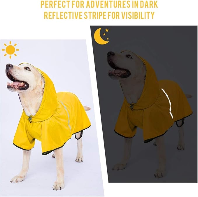 Large Dog Raincoat Jacket with Adjustable Belly Strap and Leash Hole - Hoodie with Reflective Strip - Waterproof Slicker Lightweight Breathable - Easy to Wear
