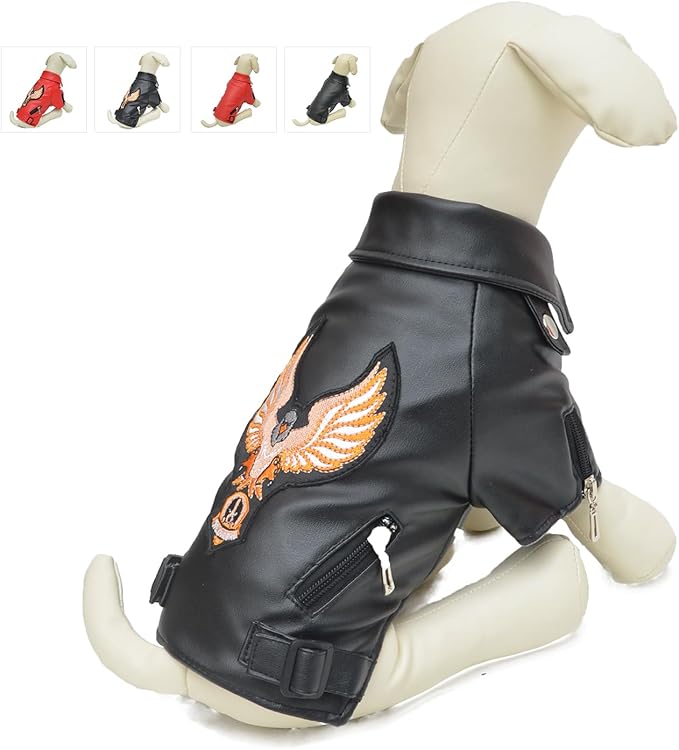 Lovelonglong Cool Dog Leather Jacket, Warm Coats Dogs Windproof Cold Weather Coats for Large Medium Small Dogs with Eagle Embroidery Black B-M