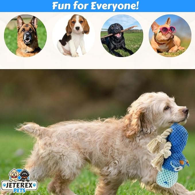 Large Dog Toy - Blue Cow Squeaky Dog Toys for Large Dogs, Medium and Small Dogs. Interactive with Pineapple Plush Fabric, Rope Legs, Hidden Seams, Crinkle Paper, Embroidered Eyes