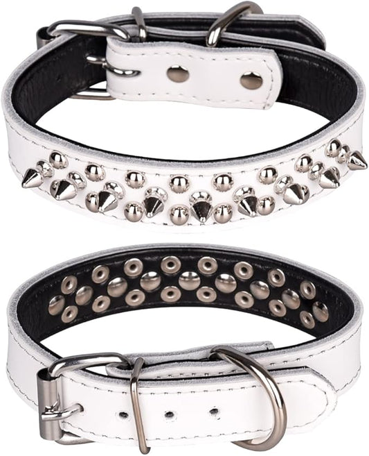 Adjustable Genuine Leather Spiked Studded Dog Collars for Small Medium Large Pets Like Pit Bull Bulldog Pugs Husky (S, White)