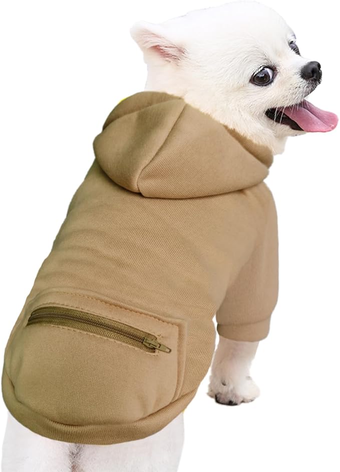 Jecikelon Pet Dog Cold Weather Coat with Pocket Winter Dog Hoodie Warm Puppy Clothes for Small Dogs Chihuahua Clothing (Khaki, X-Small)
