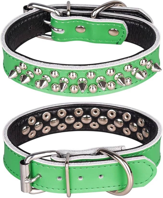 Adjustable Genuine Leather Spiked Studded Dog Collars for Small Medium Large Pets Like Pit Bull Bulldog Pugs Husky (S, Green)