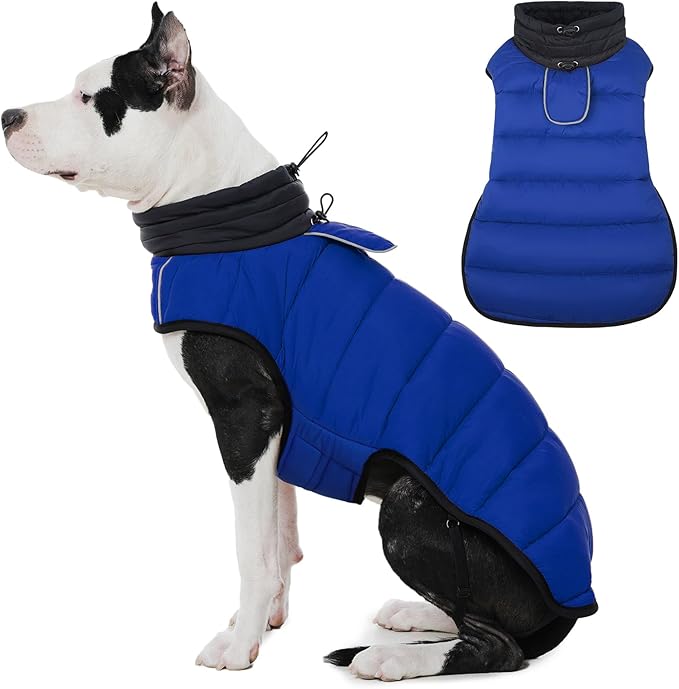 IDOMIK Dog Winter Coat, Warm Waterproof Dog Puffer Jacket with Harness Hole, Adjustable Reflective Snow Jacket Vest with Turtleneck, Pet Cold Weather Coats for Large Dogs,Blue,L