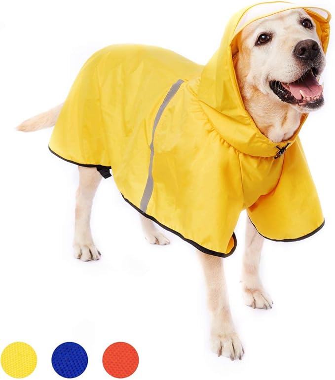 Large Dog Raincoat Jacket with Adjustable Belly Strap and Leash Hole - Hoodie with Reflective Strip - Waterproof Slicker Lightweight Breathable - Easy to Wear