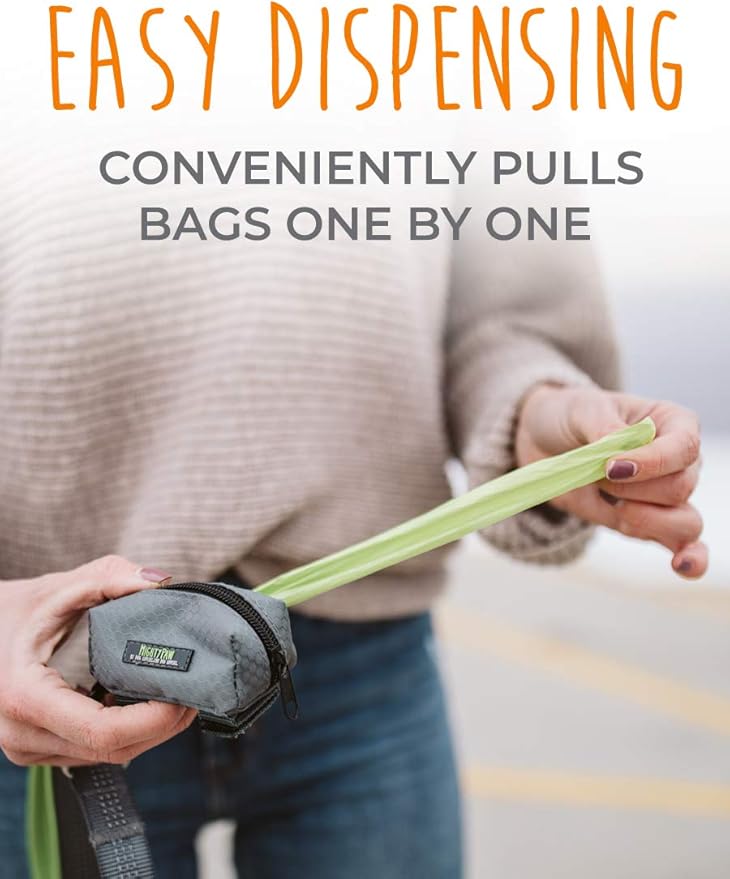 Mighty Paw Dog Poop Bag Holder - Zippered Pouch with Carabiner Hook - Includes Roll of Pick-up Bags - Pet Poop Holder and Dispenser - Pet Walking Supplies - (Grey/Green)