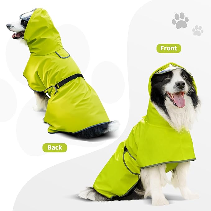 Dog Raincoat, Waterproof Windproof Dog Rain Jacket with Hood, Rain Coat with Leash Hole, Adjustable Raincoat Poncho for Small Medium Large Dogs Outdoor (Neon Yellow, Small)