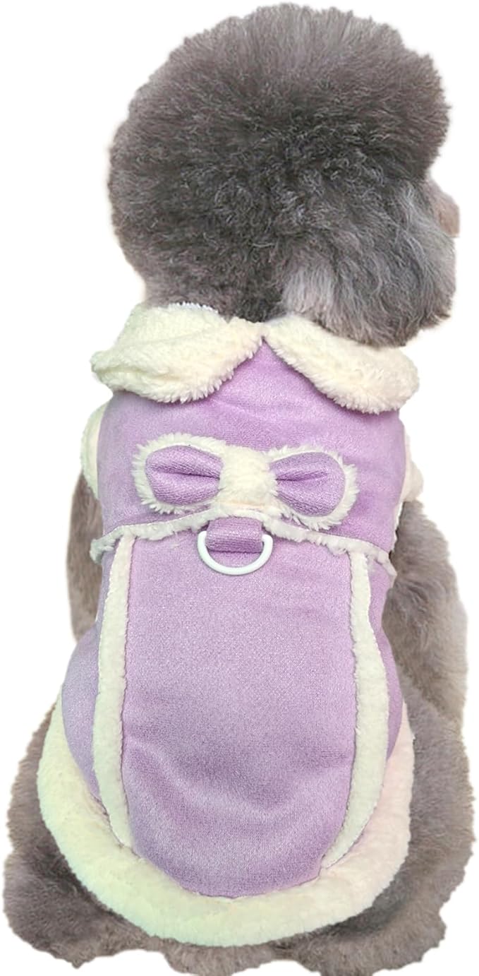 Jecikelon Bowtie Dog Cold Weather Coat Fleece Lining Warm Pet Puppy Turtleneck Dogs Winter Clothes for Small Dogs with D-Ring (Purple, Small)